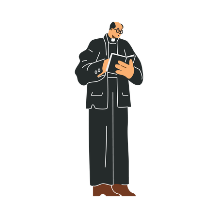 黒い服を着て本を手に持った司祭が故人の告別式を執り行う  イラスト