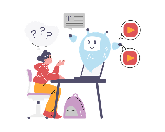 ノートパソコンを持ち、チャットボットで勉強する女子高生  イラスト