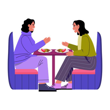 友達とシェアして食事をする  イラスト