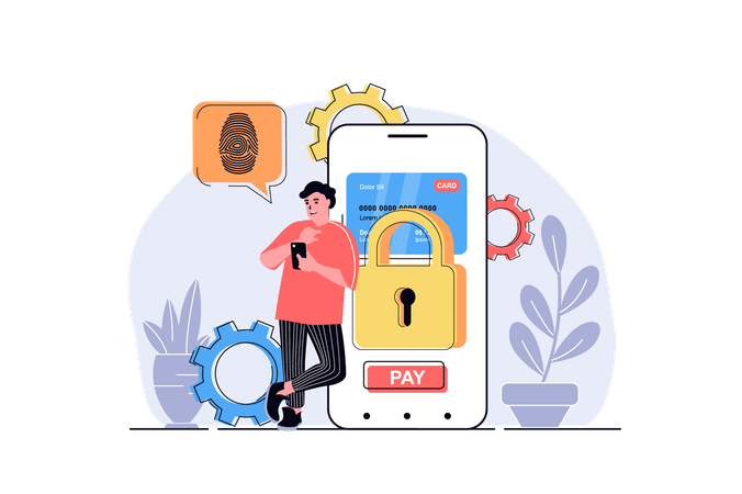 パスワード承認と指紋スキャナーで安全な金融取引を行う男性  イラスト