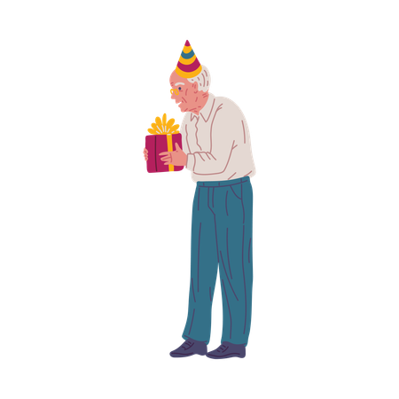 お祝いの帽子をかぶってギフトボックスを持っているおじいさん  イラスト