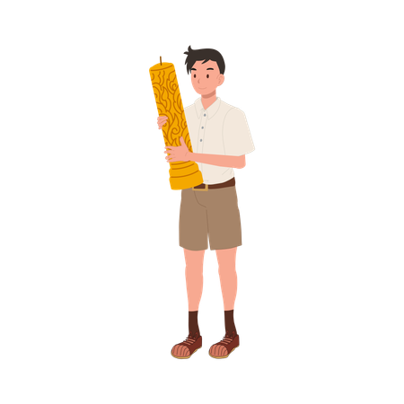 タイの文化祭で仏教の祝日を祝うため大きな蝋燭を手に持つタイの男子生徒  イラスト