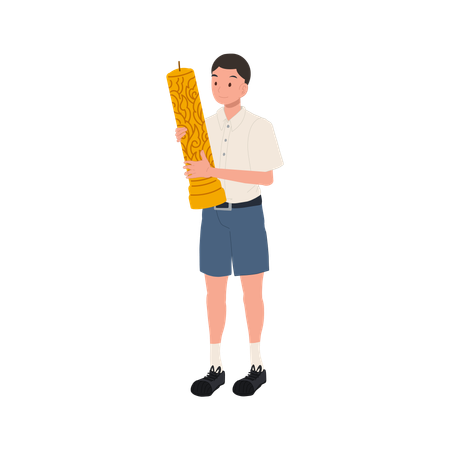 タイの文化祭で仏教の祝日を祝うため大きな蝋燭を手に持つタイの男子生徒  イラスト