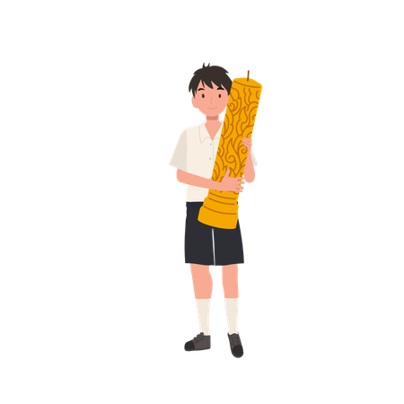 タイの文化祭で仏教の祝日を祝うため大きな蝋燭を手に持つタイの男子生徒  イラスト