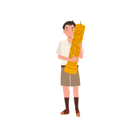 タイの文化祭で仏教の祝日を祝うため大きな蝋燭を手に持つタイの男子生徒  イラスト