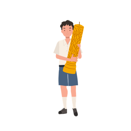 タイの文化祭で仏教の祝日を祝うため大きな蝋燭を手に持つタイの男子生徒  イラスト
