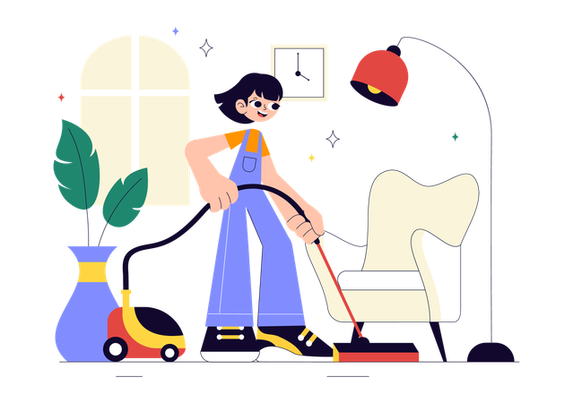 自宅で掃除機をかける女性  イラスト