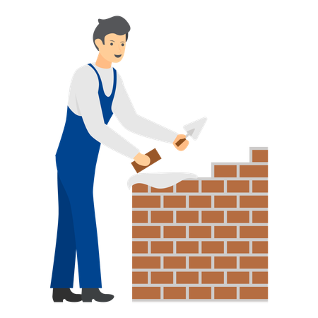 レンガ職人が技術を駆使して壁を建てる  イラスト