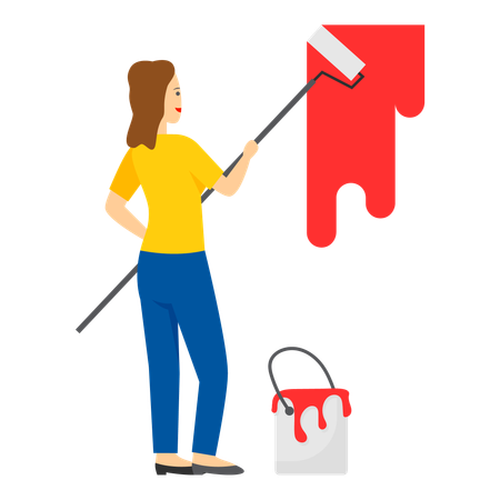 壁を効率よく塗装する女性塗装工  イラスト