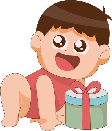 プレゼントを持って座っている男の子  イラスト