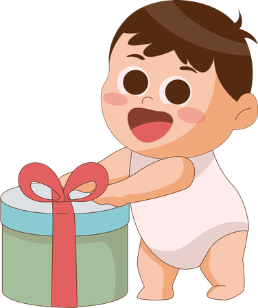 プレゼントの隣に立つ男の子  イラスト
