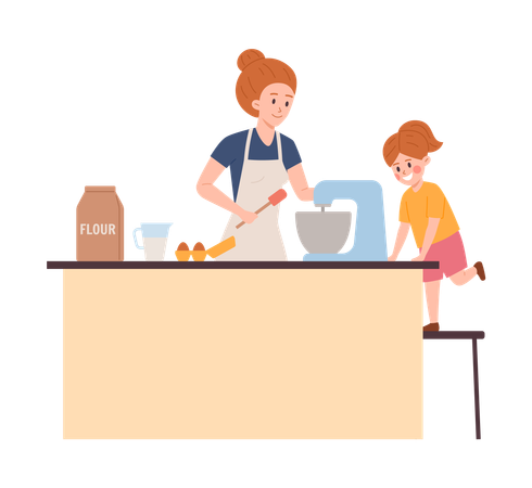 キッチンでケーキを焼く母と娘がミキサーで材料を混ぜる  イラスト