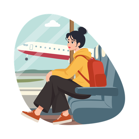 空港の窓辺でくつろぐ少女  イラスト