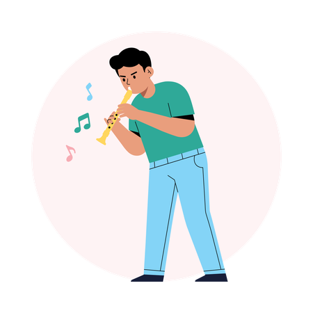 管楽器を演奏する少年  イラスト