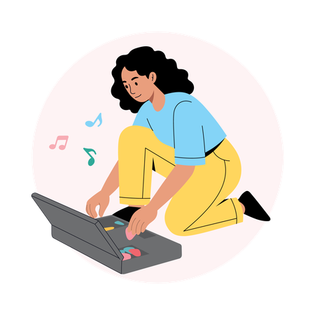 ノートパソコンで音楽を作る女の子  イラスト