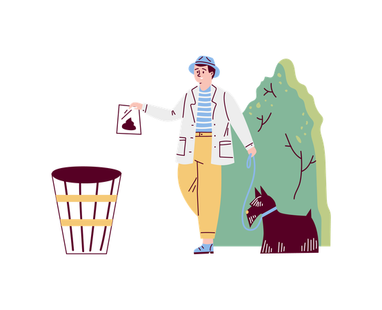 ペットの排泄物を掃除する男性  イラスト