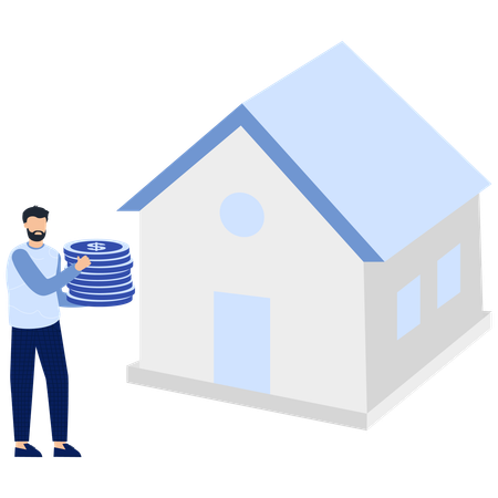 家の近くでコインの山を持っている男性  イラスト