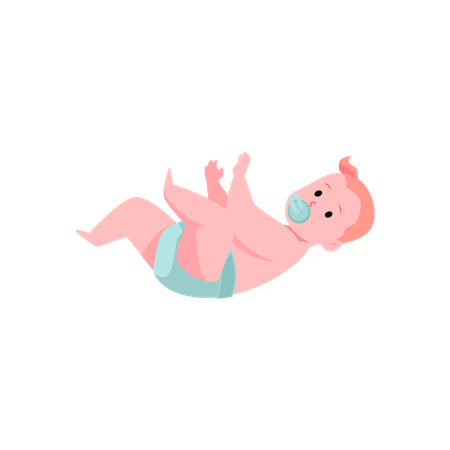 おむつとおしゃぶりをつけたかわいい男の子が横たわっている  イラスト