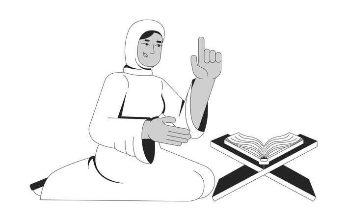 紫色のヒジャブと控えめな服を着て、両手を広げてひざまずくイスラム教徒の女性  イラスト