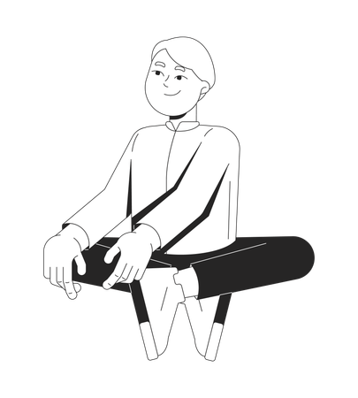 足を組んで座っている笑顔の金髪の少年  イラスト
