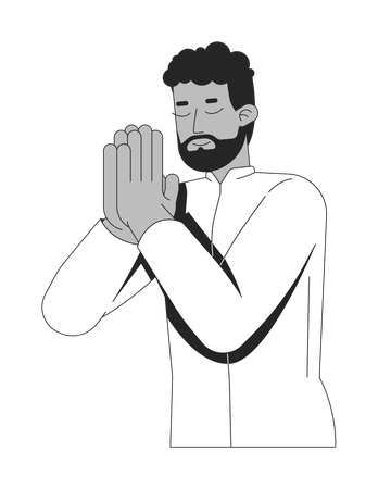 目を閉じて祈る髭を生やした黒人男性  イラスト