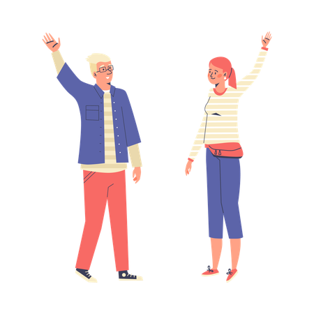 手を振って人々に安全な距離を保ち挨拶する  イラスト