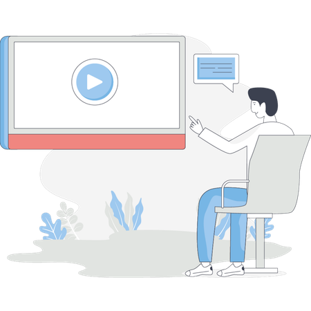 男性がスクリーンの前に座ってビデオを見ている  イラスト