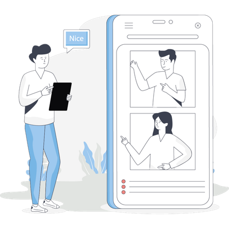 男性と女性が携帯電話の横に立ってビデオチャットをしている  イラスト