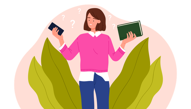 電話と本を選ぶ女性  イラスト