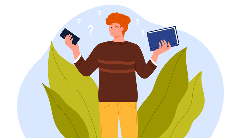 電話と本を選ぶ男性  イラスト