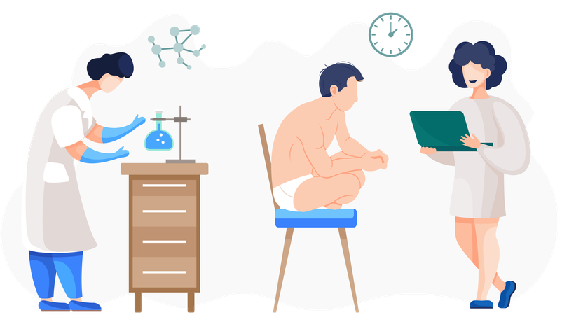실험실 가운을 입은 여성이 장비를 다루고 있습니다.  일러스트레이션