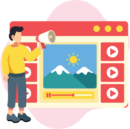 メディアプラットフォームでビデオプロモーションを行う男性  イラスト