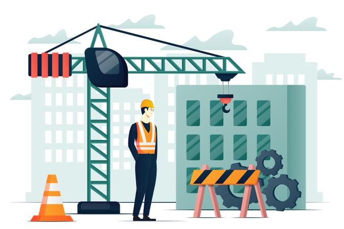 プロの建築業者が建設用クレーンで家を建てるプロセス  イラスト