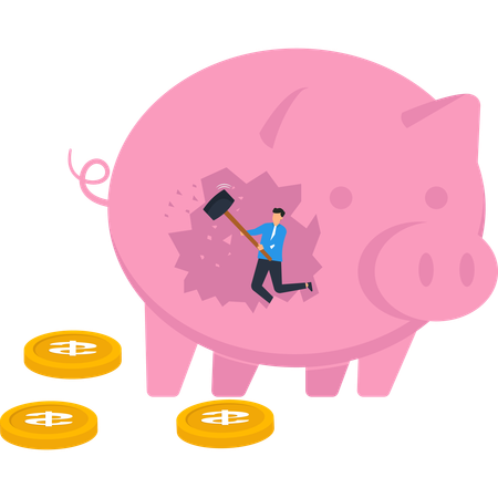 ハンマーとコインを持った男が貯金箱を壊す  イラスト