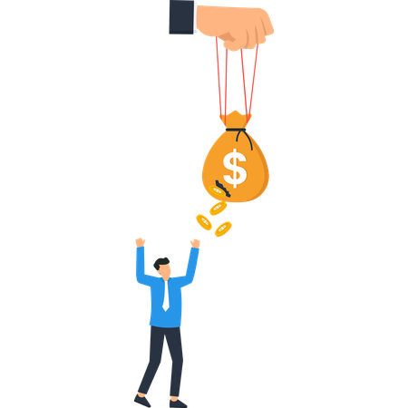 お金袋とコインを持った手、そして手を伸ばして落ちる男性  イラスト