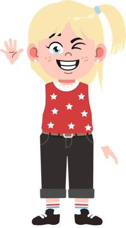 かわいいブロンドの女の子が手を振る  イラスト