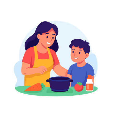 家族で一緒に料理をする  イラスト