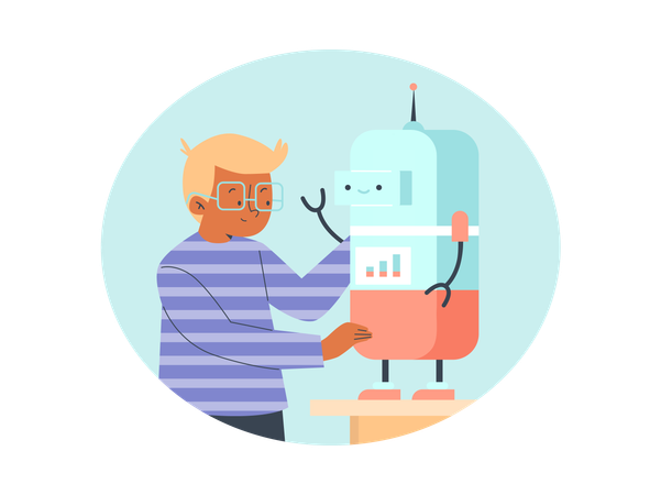 スマートロボットのおもちゃを組み立てる子供  イラスト