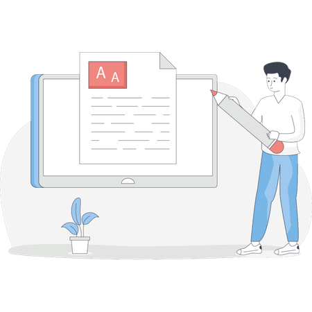 アイデアや情報を伝えることに集中してペンでホワイトボードに書いている男性  イラスト