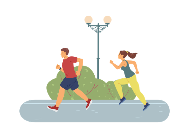 公園でランニングして健康を維持する運動選手たち  イラスト