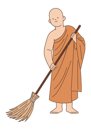 寺の敷地を掃除する僧侶  イラスト