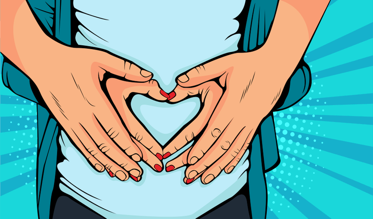 妊娠中の妻のお腹を抱きハートを作る男性  イラスト
