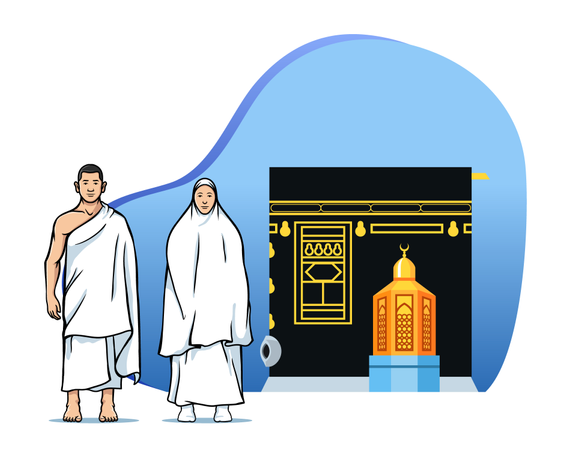 マカーム・イブラヒムとカアバ神殿の前でハッジ巡礼をするカップル  イラスト