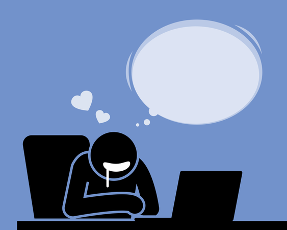 口からよだれを垂らしながらコンピューターの画面を見ている男性  イラスト