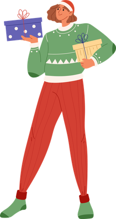 クリスマスプレゼントを持って喜ぶ女の子  イラスト
