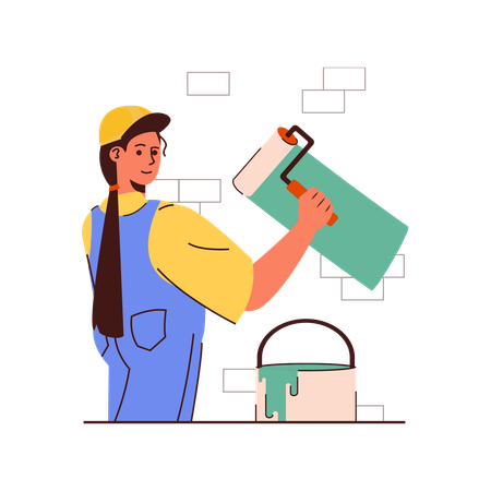 壁を塗る女性画家  イラスト