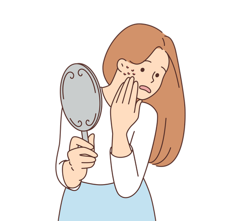 鏡に映ったニキビのある若い女性  イラスト