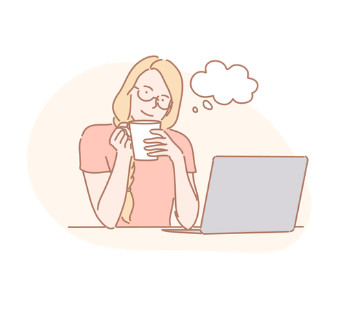 ノートパソコンを持ってコーヒーを飲む女性  イラスト