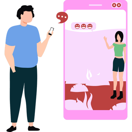 オンラインデートアプリで女の子を探している男性  イラスト