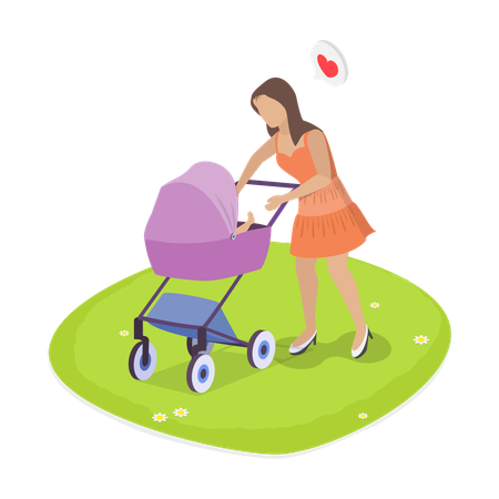 赤ちゃんと一緒に外出する新米ママ  イラスト
